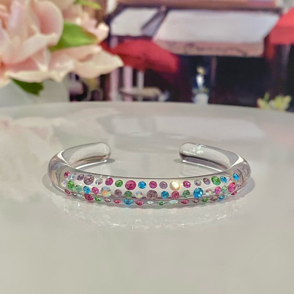 Transparent acrylic cuff bracelet with mixed Swarovski crystals rhinestones